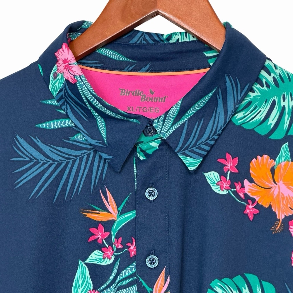 Birdie Bound Polo Shirt Mens XL Tropical Floral Hawaiian Golf Stretch - Picture 2 of 9
